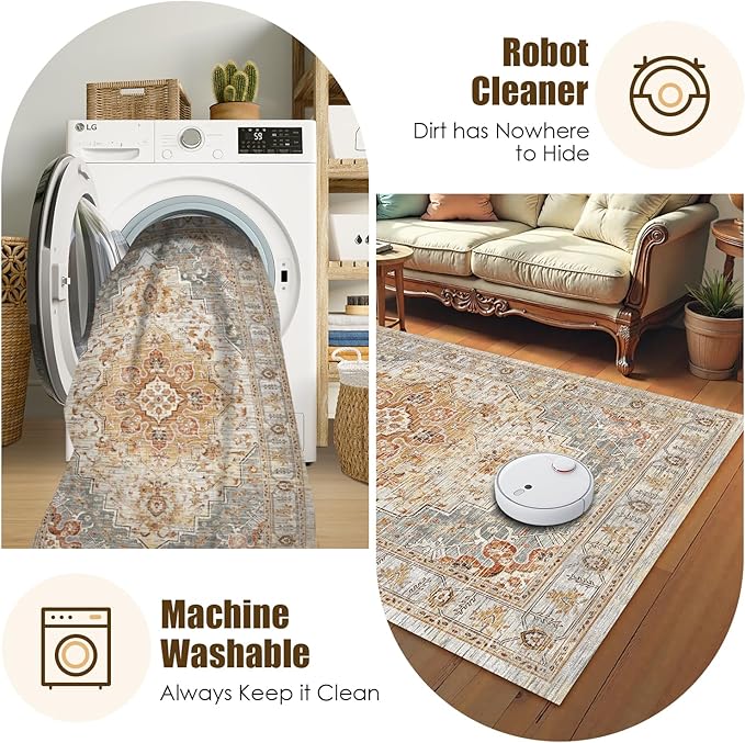 Washable Area Rug 6' x 9' Vintage Traditional Persian Mat - Image 7