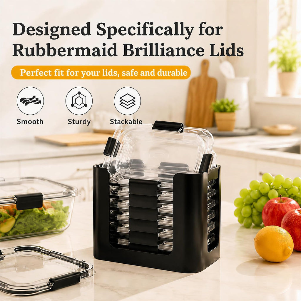 Food Container Lid Organizer for Rubbermaid Brilliance Lid, 3-Piece Lid Organizers for Cabinet, Holds 24 Snap-On Lids, Stackable Kitchen Cabinet Organizer for 0.5, 1.3, 3.2 & 4.7 Cup Lids, Black