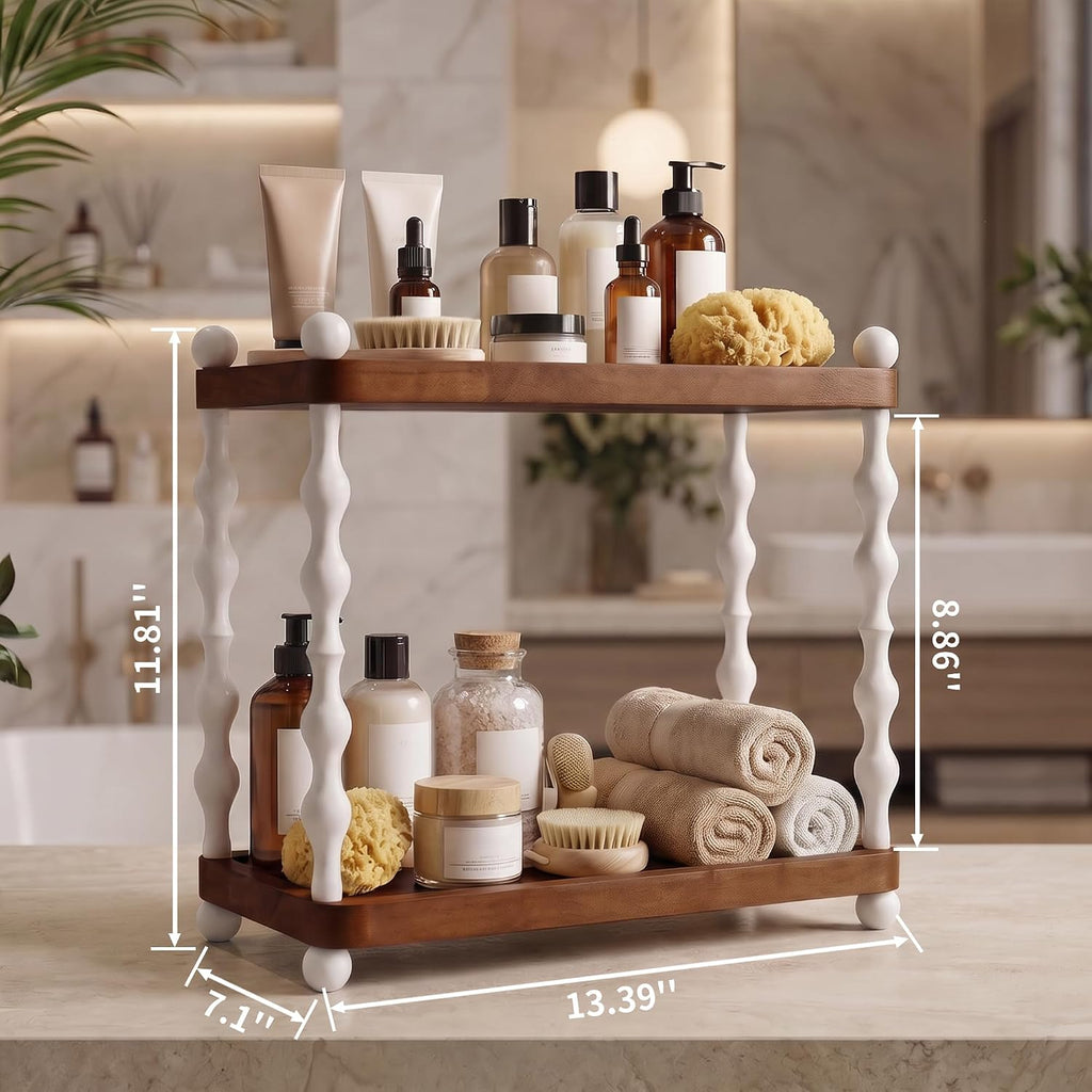 2-Tier Bathroom Counter Organizer, Retro Wood Shelf, Walnut Color