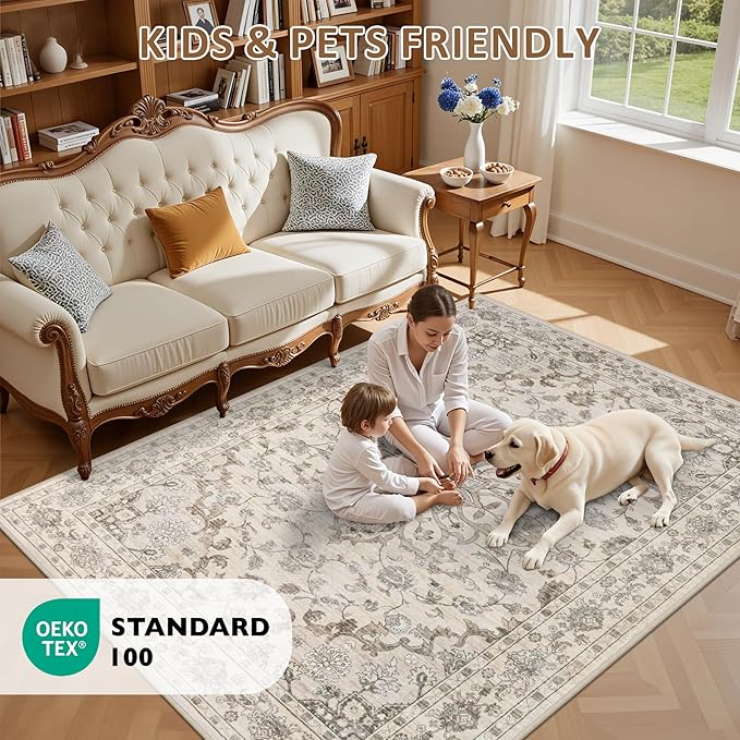 Area Rugs 10x12 Living Room Rug: Washable Rug Soft Vintage Distressed Floral - Image 8