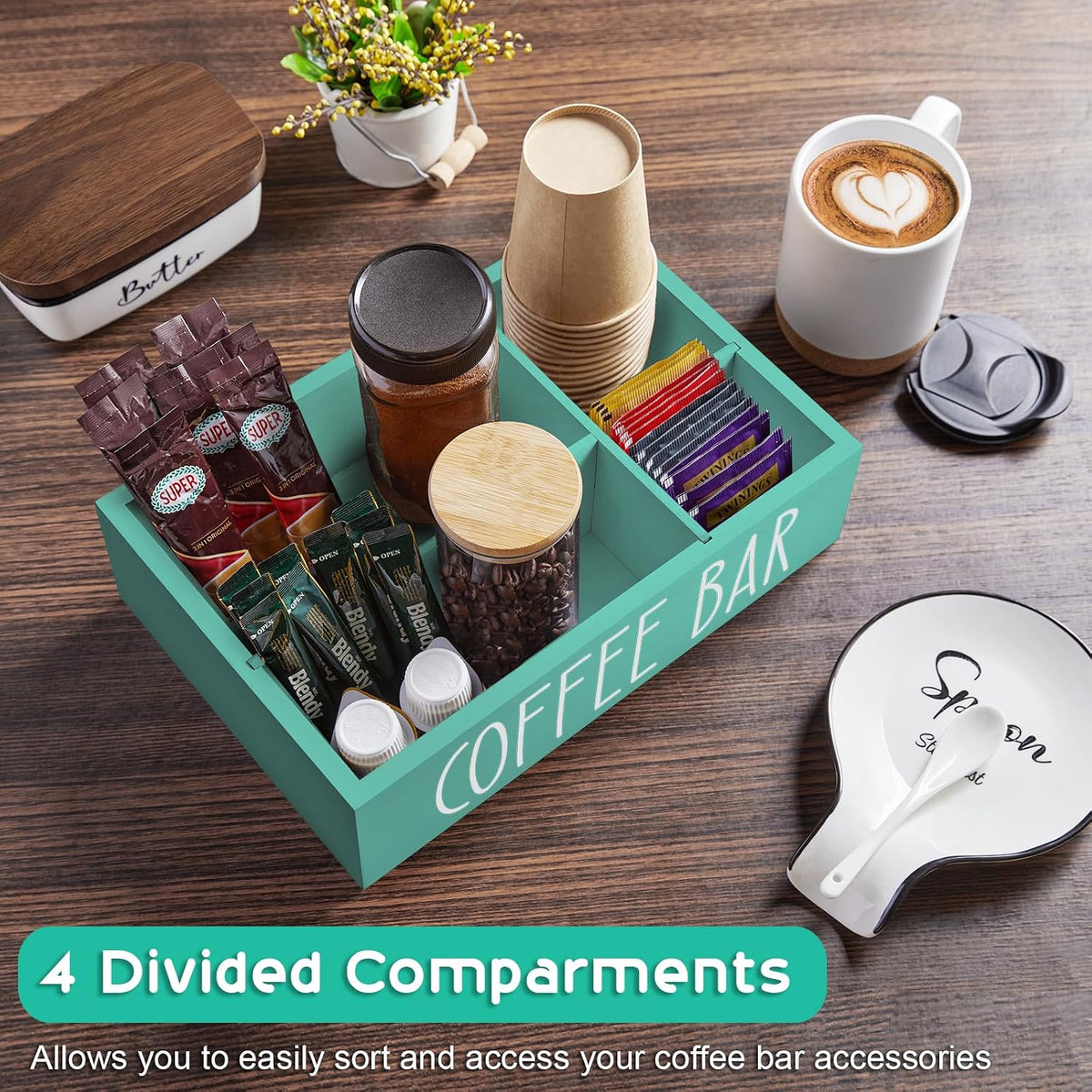 ALELION Turquoise Coffee Station Organizer with Removable Dividers - K Cup Pod Holder Storage Basket for Sugar, Tea - Teal Coffee Bar Kitchen Decor Accessories Organizer for Countertop