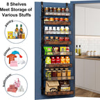 8 Tier Pantry Door Organizer Spice Rack, 2-IN-1 Wall Mount or Hanging Over Door Seasoning Organizer with Adjustable Baskets, Heavy Duty Behind Door Storage Shelves for Pantry, Cabinet and Kitchen