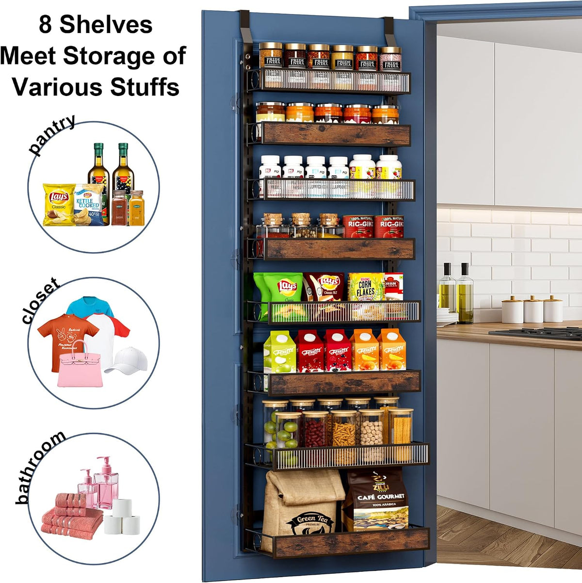 8 Tier Pantry Door Organizer Spice Rack, 2-IN-1 Wall Mount or Hanging Over Door Seasoning Organizer with Adjustable Baskets, Heavy Duty Behind Door Storage Shelves for Pantry, Cabinet and Kitchen