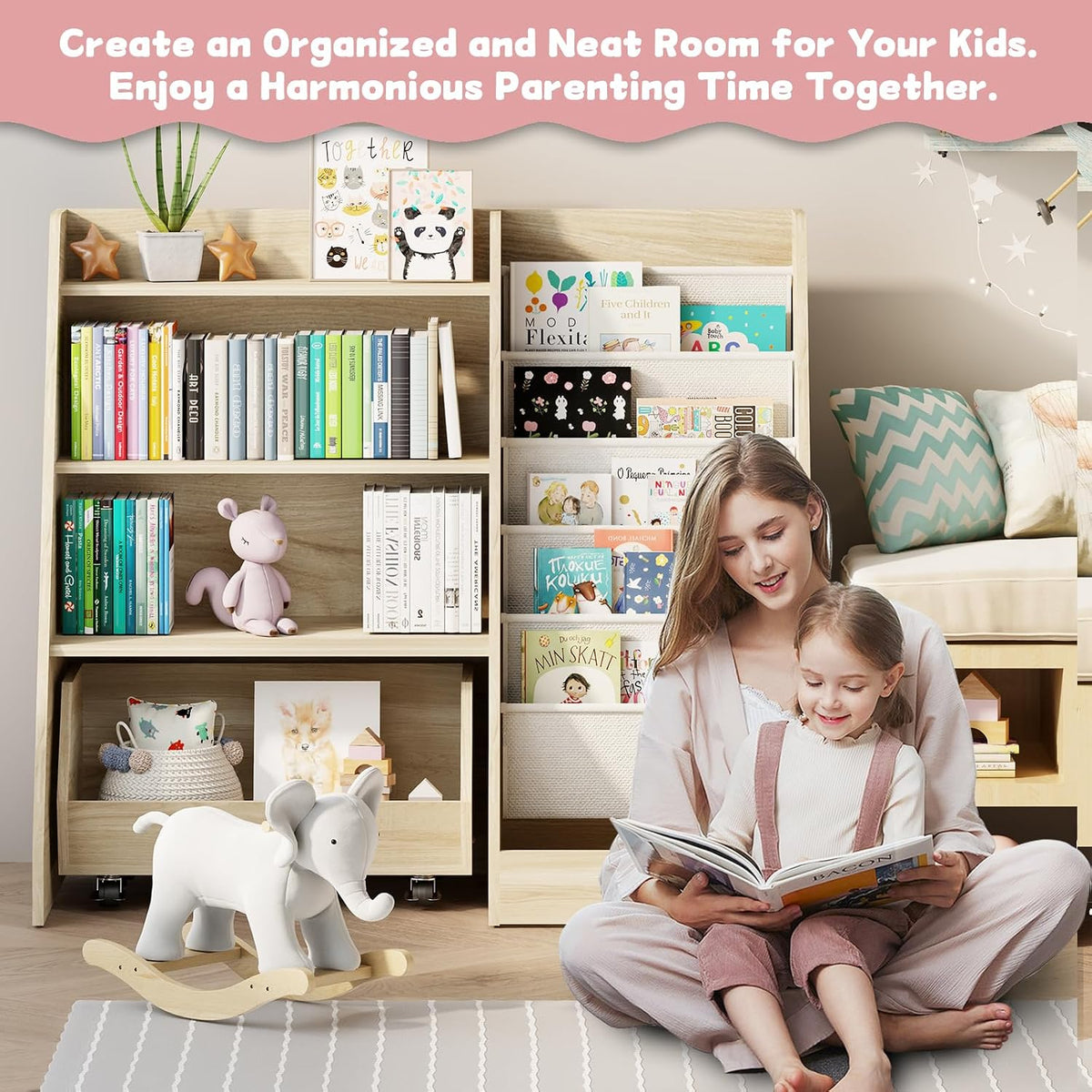 Kids Bookshelf, 4 Tier Toddler Bookcase with Toy Storage Drawer