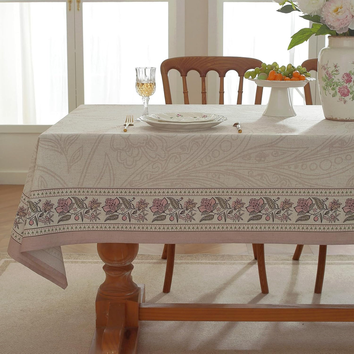Vintage Pink Linen Blend Floral Rectangle Tablecloth 120" x 55"