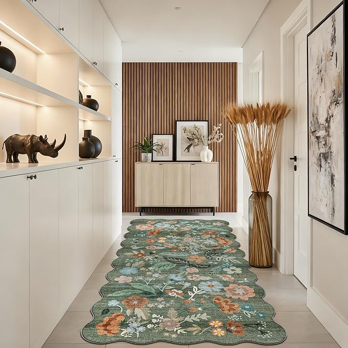 4x8 Washable Area Rug for Family: Stain Resistant Wide Floral Scalloped Kitchen - Image 6