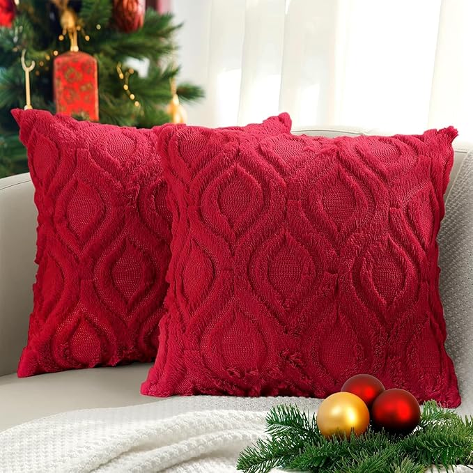 decorUhome Throw Pillow Covers 24x24 Inch Set of 2, Soft Plush Faux Wool Red by decorUhome