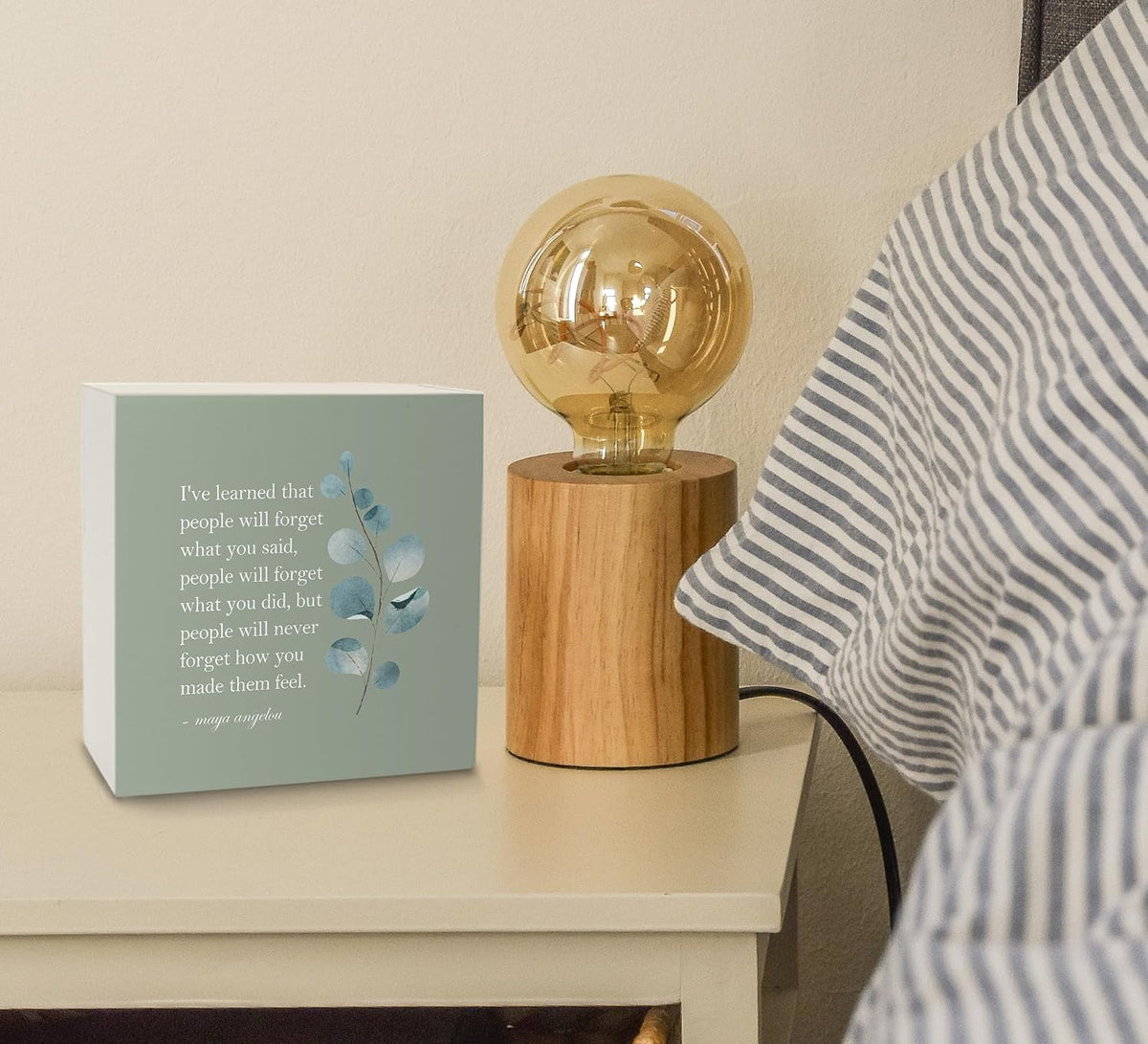 KU-DaYi Sage Green Maya Angelou Quotes Wood Box Sign, Inspirational I've Learned That People Will Forget What You Said Farmhouse Wood Block Plaque Decor for Office Home Wall Desk Shelf Decoration