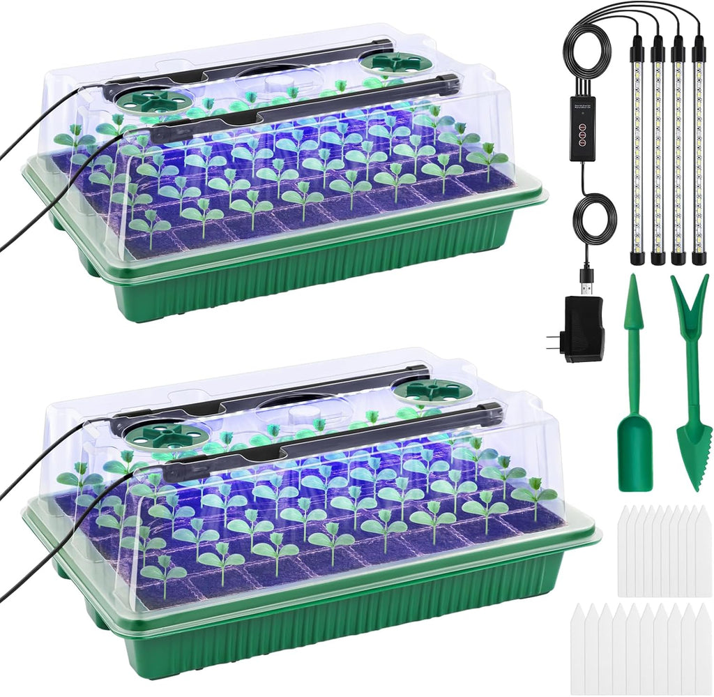 GOOINMILL Self-Watering Seed Starter Tray with Timed Grow Light, 60 Cells Plant Starter Tray Seedling Starter Kit with Humidity Domes Base Indoor Mini Greenhouse Plant Germination Trays