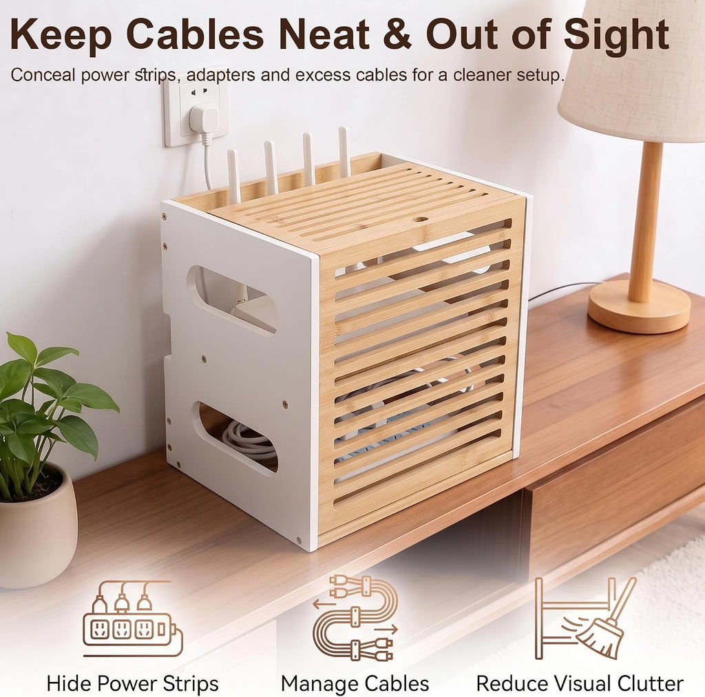 WiFi Router Box Hider with Cable Management, Bamboo, White