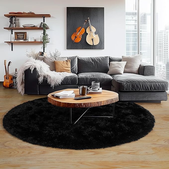 5'x5' Black Round Rug for Bedroom, Ultra Soft Fluffy Circle Rug for Kids Girls - Image 6