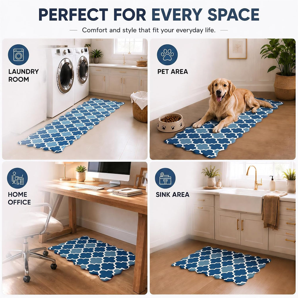 Arenarug Scalloped Trellis Kitchen Mats for Floor, Navy Blue Kitchen Rugs