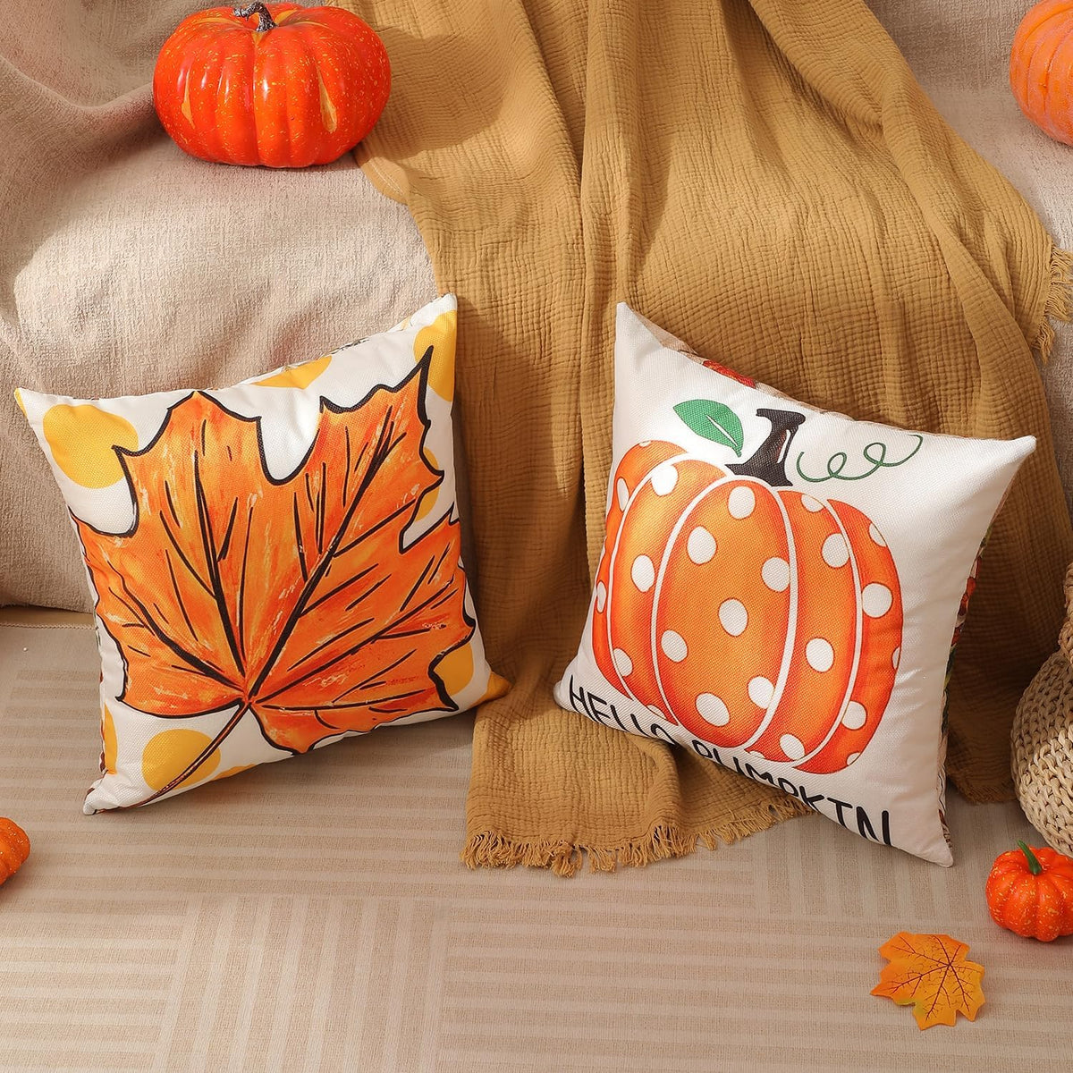 multiwins Fall Pillow Covers Pumpkin Polka Dot 20x20 4Pcs Double-Sided