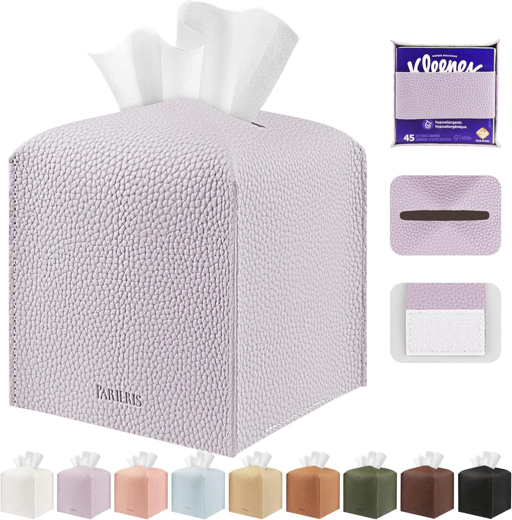 Tissue Box Cover Holder Square Tissue Cube Cover PU Leather Tissue Organizer with Bottom Belt for Bathroom, Tabletop, Car, Night Stands, Office, Home, Kitchen (2, Off White)