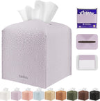 Tissue Box Cover Holder Square Tissue Cube Cover PU Leather Tissue Organizer with Bottom Belt for Bathroom, Tabletop, Car, Night Stands, Office, Home, Kitchen (2, Off White)