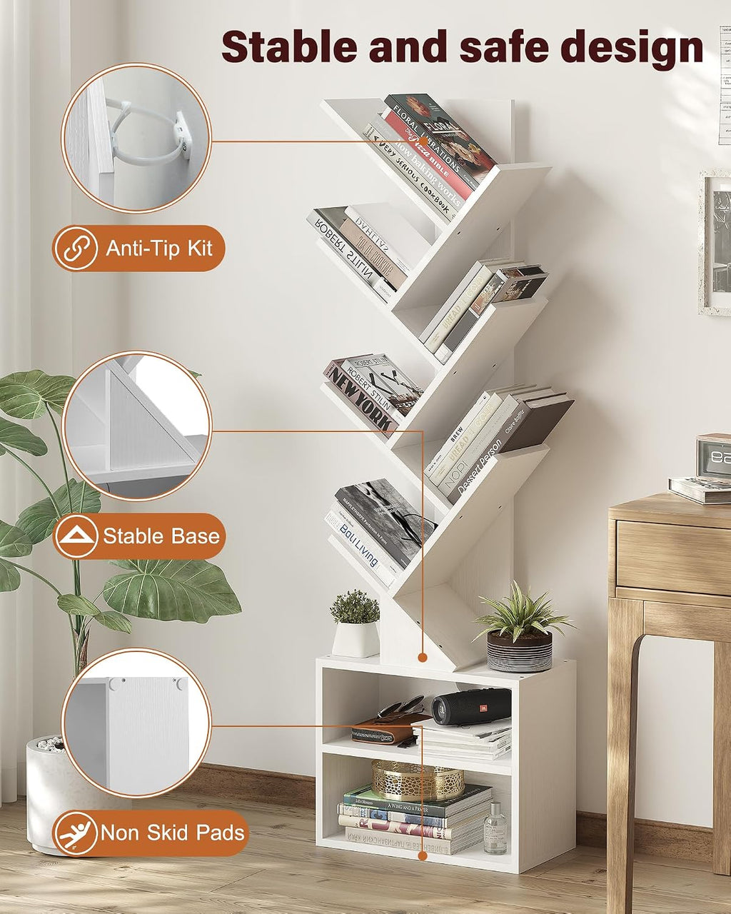 SUNMORY 6 Tier Tree Bookshelf, Tall Small Bookcase with Storage Cabinet