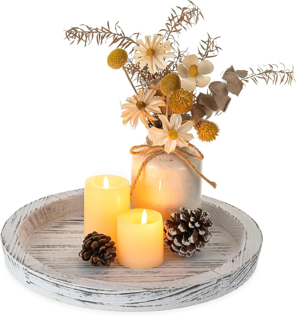 Hanobe Wooden Decortaive Coffee Table Tray, Round Candle Holder Centerpiece