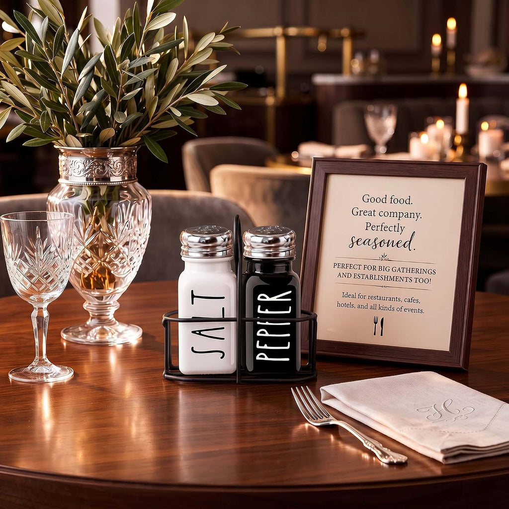 Farmhouse Salt and Pepper Shakers Set, A Cute Premium Glass Shakers with Holder and Stainless Steel Lids, Perfect for Adding a Vintage Kitchen Decor Charm, Great as a Gift (Black & White)