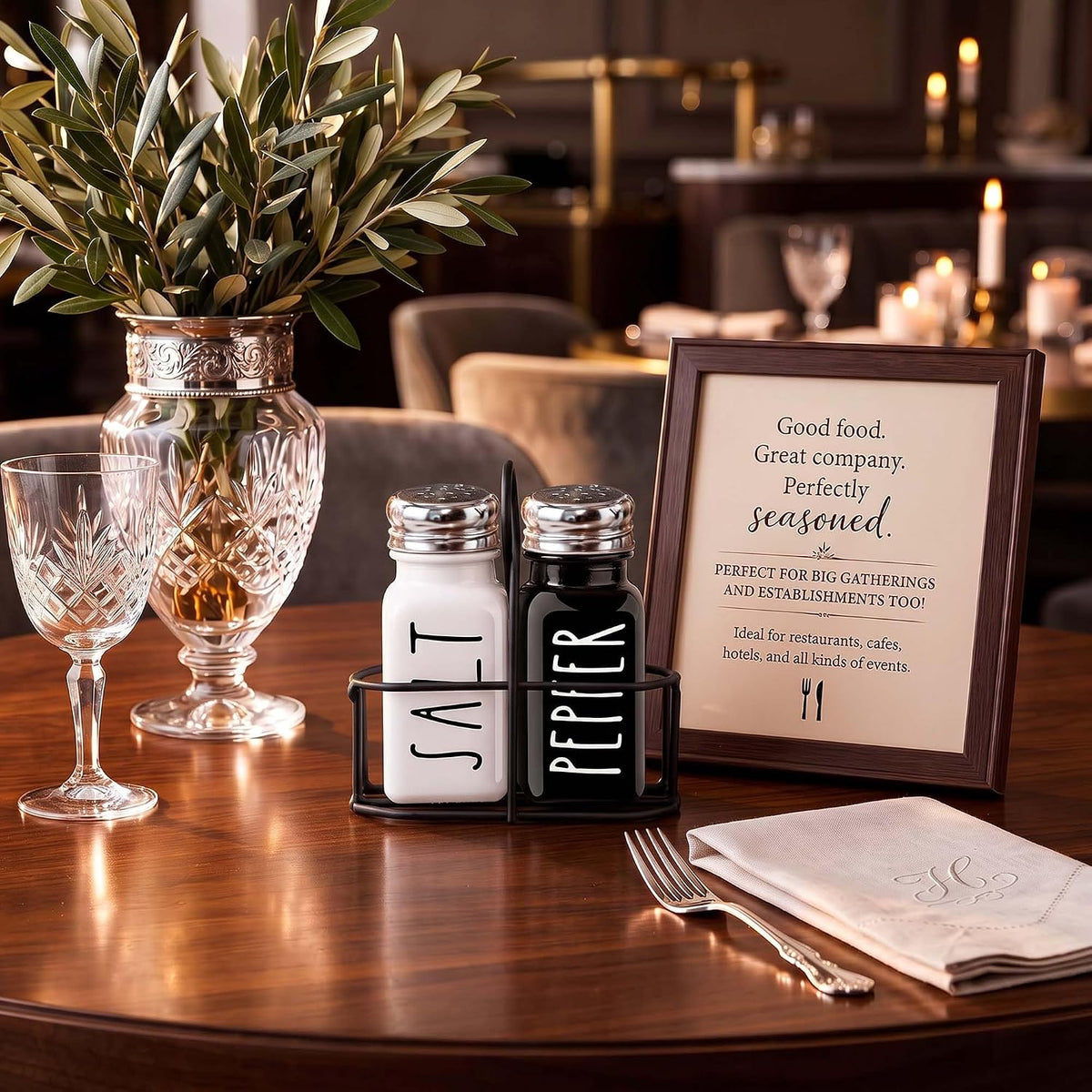 Farmhouse Salt and Pepper Shakers Set, A Cute Premium Glass Shakers with Holder and Stainless Steel Lids, Perfect for Adding a Vintage Kitchen Decor Charm, Great as a Gift (Black & White)