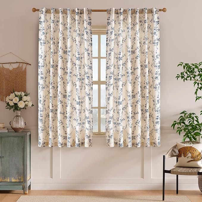 Lazzzy Linen Farmhouse Curtains Blue Floral Curtains 63 Inch Length Back Tab - Image 2