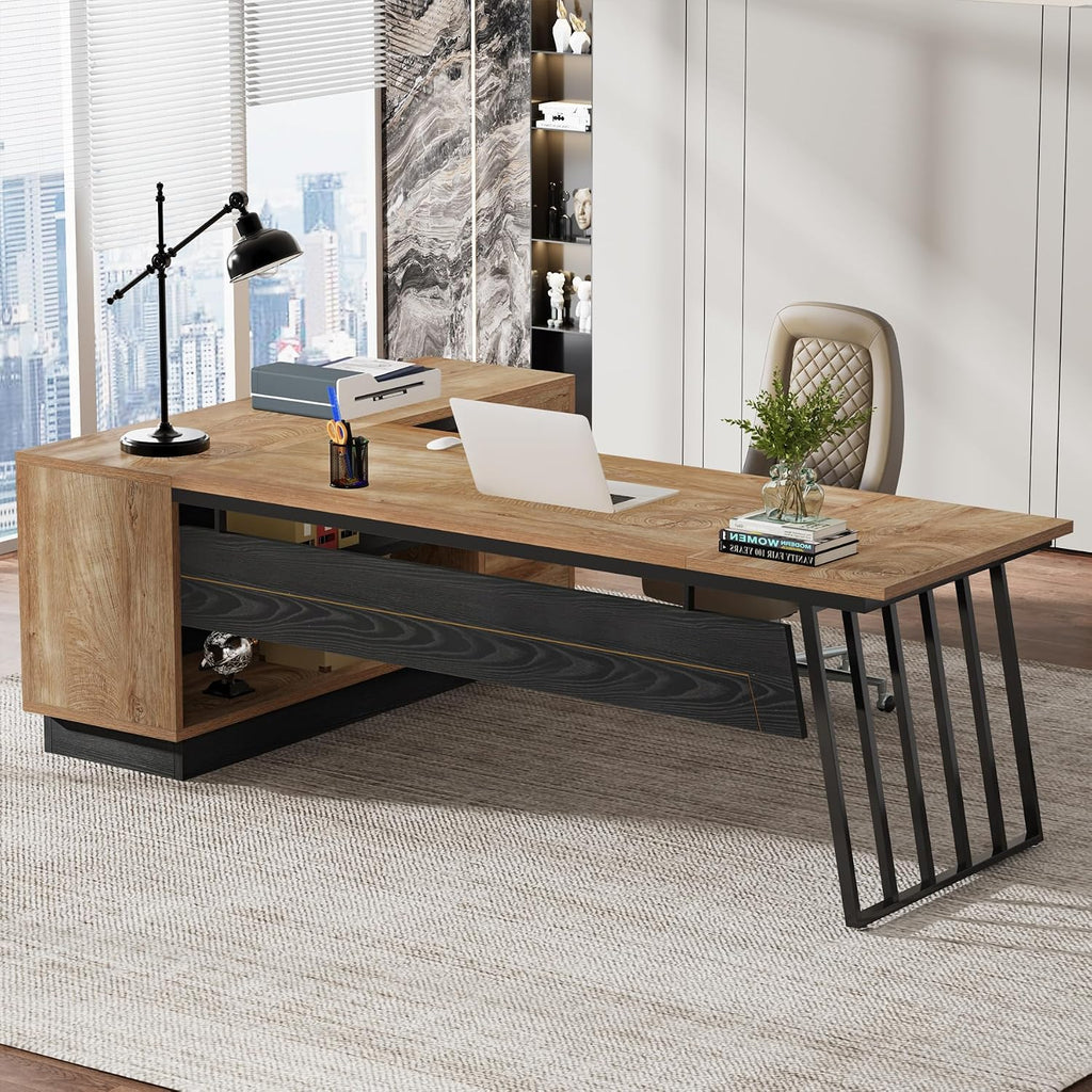 Tribesigns 71” Executive Desk, L-Shaped Desk with Cabinet, Oak and Black