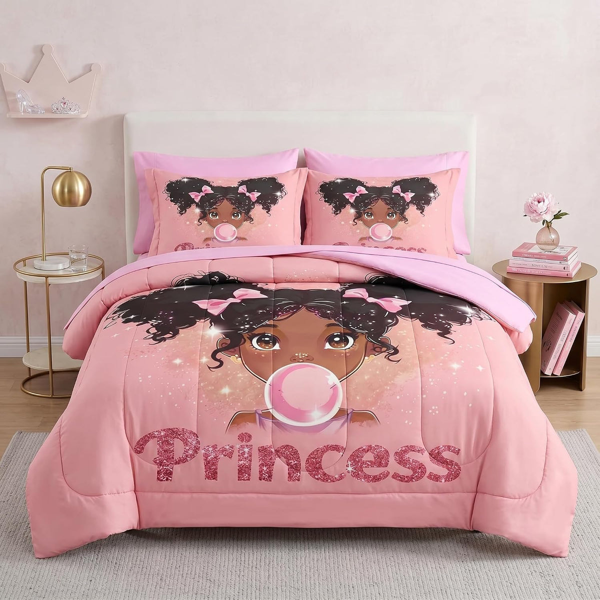 Nesker Twin Comforter Set for Girls, 5 Pieces Princess Bedding for Kids
