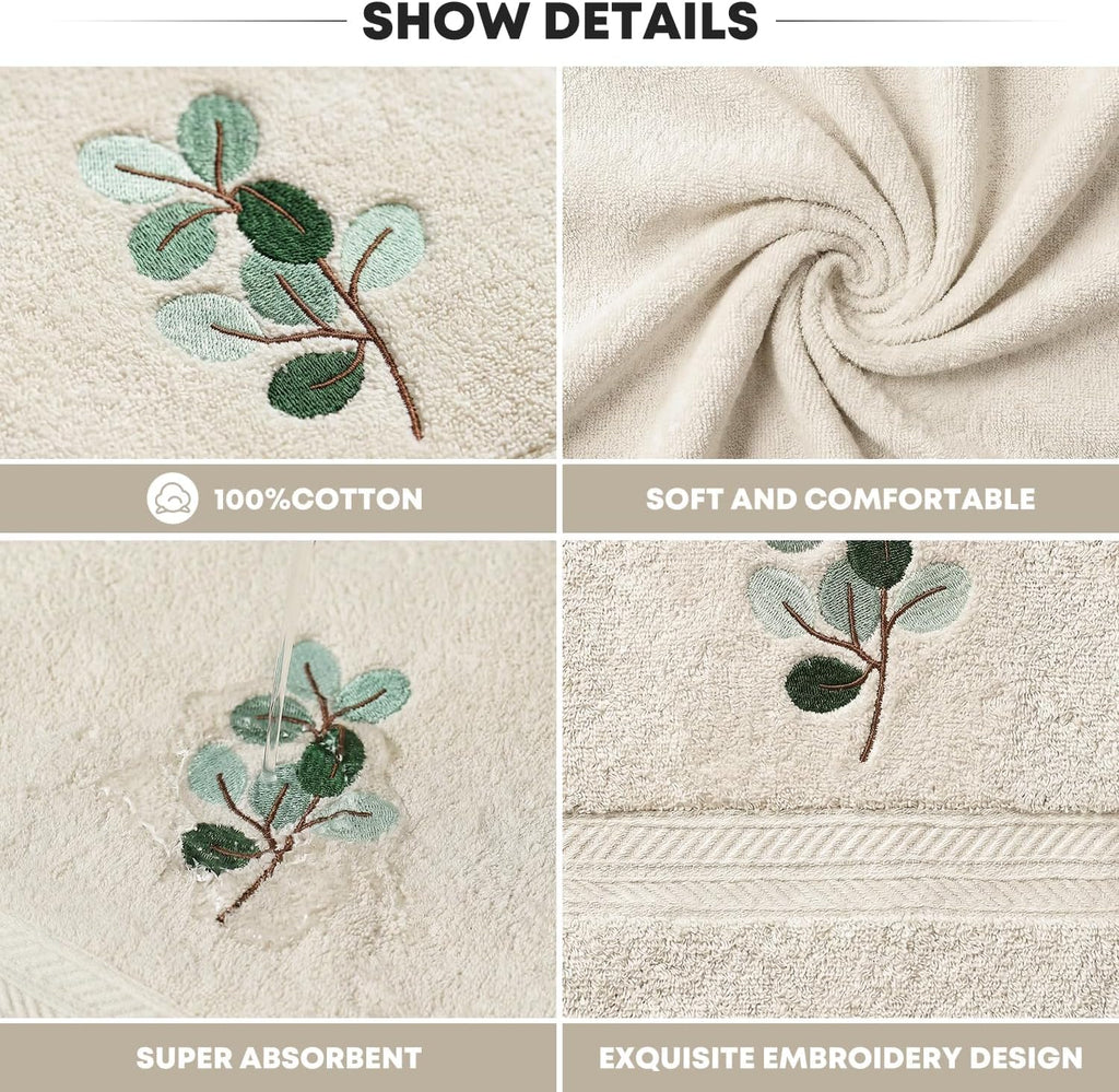 Artoid Mode 2 Pcs Beige Eucalyptus Leaves Embroidered Hand Towels for Bathroom, Cotton Soft Absorbent Farmhouse Decor Towels, 13.7 x 29.5 Inch