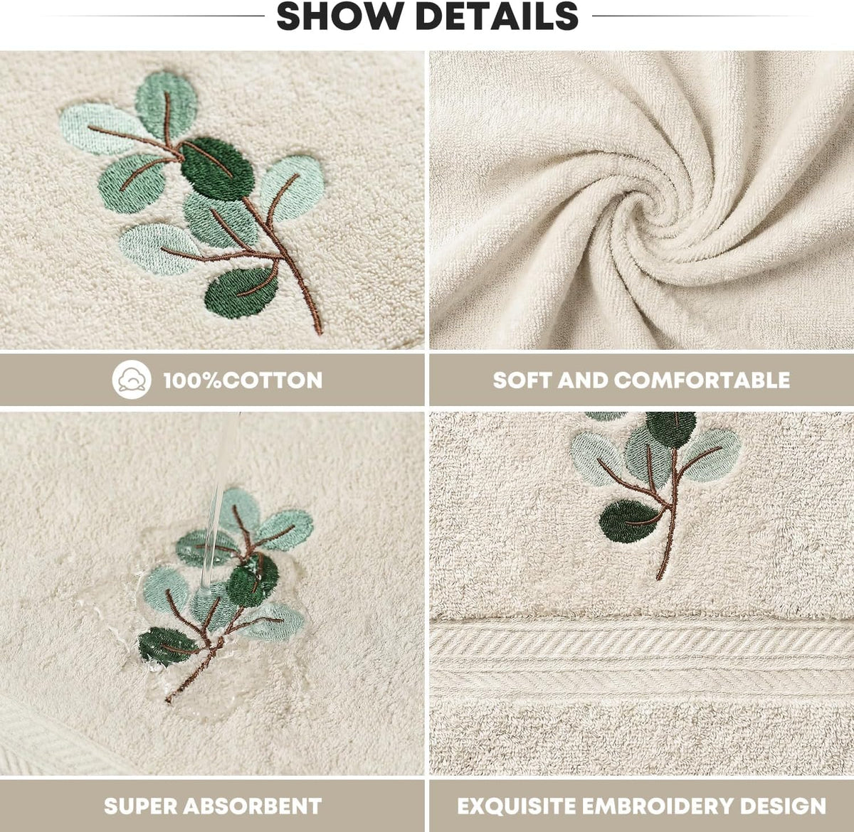 Artoid Mode 2 Pcs Beige Eucalyptus Leaves Embroidered Hand Towels for Bathroom, Cotton Soft Absorbent Farmhouse Decor Towels, 13.7 x 29.5 Inch