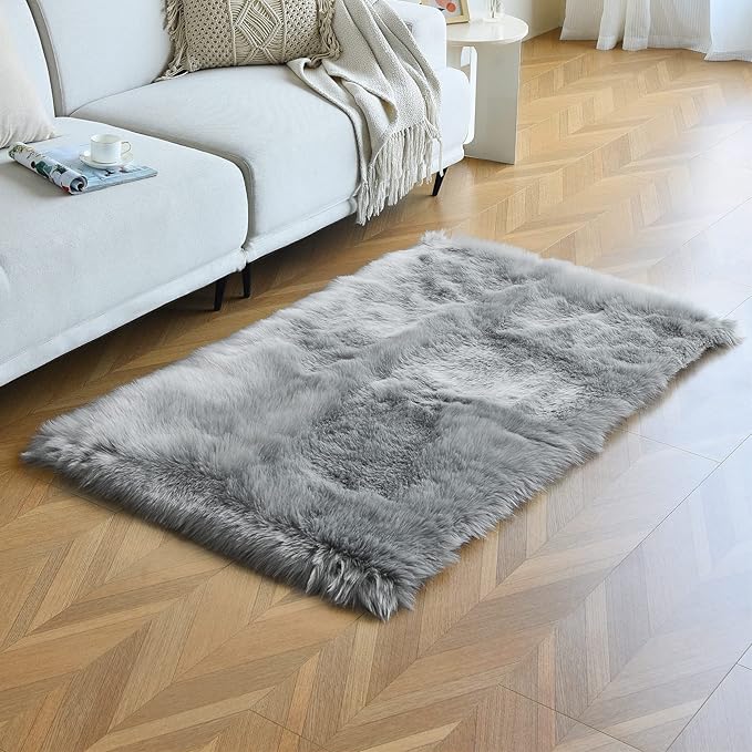 duduta Grey Faux Sheepskin Fur Rug 3x5 ft, Fluffy Shag Bedroom Dorm Nursery - Image 5