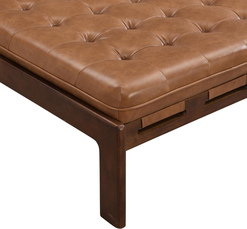 Christopher Knight Home Yorick Modern Square Faux Leather Upholstered Living Room Cocktail Ottoman/Coffee Table, Rubberwood Frame, Tufted Top, Large Sofa Footstool, Multi-Functional, Brown+Walnut