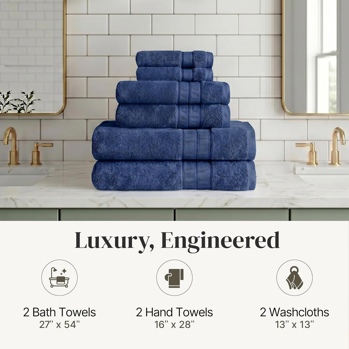 Modern Threads Spun Loft 6 Piece Bath Towel Set – 2 Bath Towels, 2 Hand Towels & 2 Washcloths – 100% Cotton, 600 GSM, Plush, Soft & Absorbent (Navy)