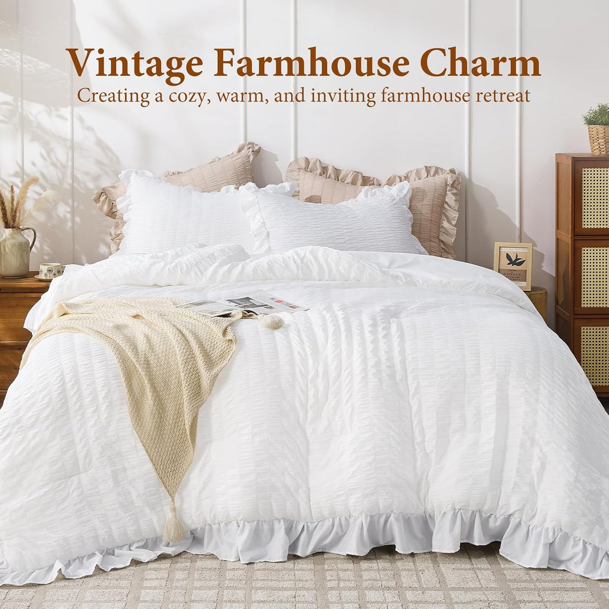 JOLLYVOGUE Bright White Queen Comforter Set,3pcs Ruffle Seersucker Bed Set