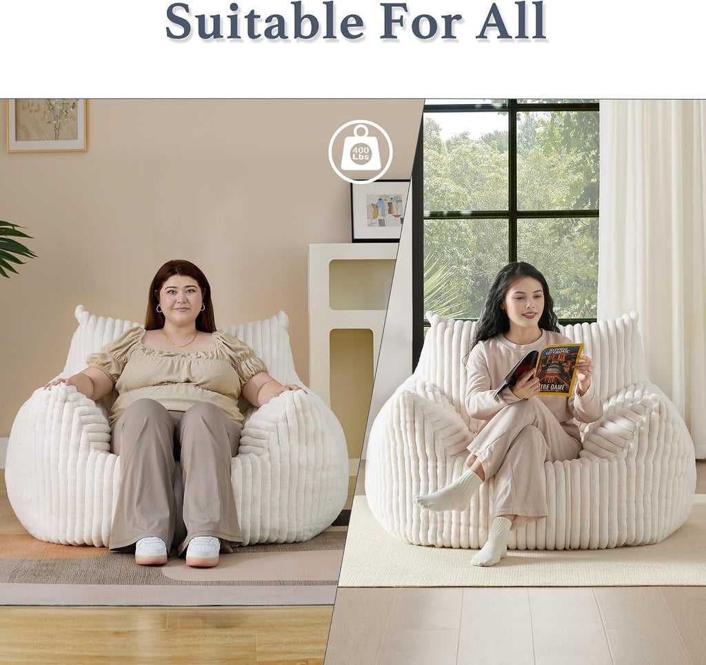 Giant Plush Bean Bag Chair for Adults with Armrests - Oversized Comfy Beige Beanbag Lounge Lazy Floor Sofa Accent Chair for Living Room, Bedroom & Dorm, Cozy Fluffy Single Cloud Mini Couch