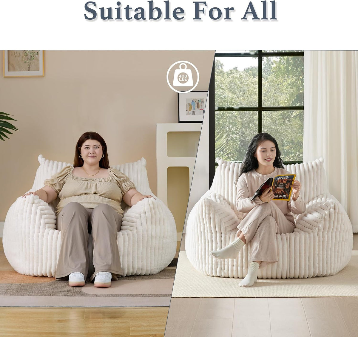 Giant Plush Bean Bag Chair for Adults with Armrests - Oversized Comfy Beige Beanbag Lounge Lazy Floor Sofa Accent Chair for Living Room, Bedroom & Dorm, Cozy Fluffy Single Cloud Mini Couch