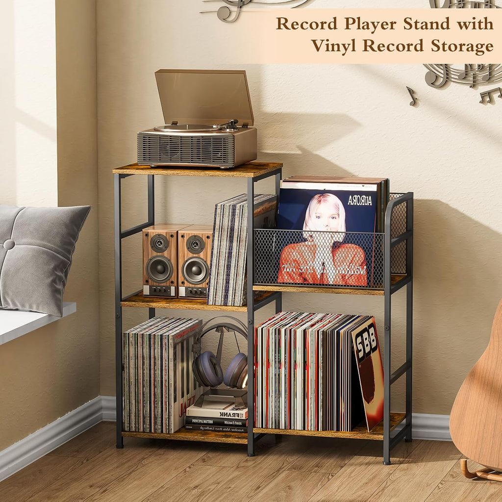 ThreeHio Record Player Stand, Turntable Stand with Vinyl Storage Holds up to 300+ Albums, Storage Cabinet for Vinyl Records, Record Player Table for Living Room