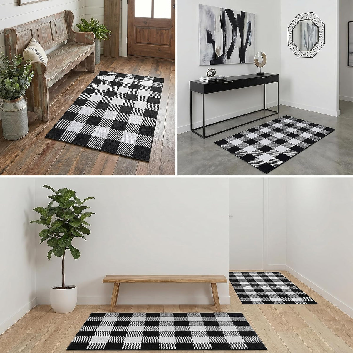 Black and White Buffalo Plaid Rug 3’x 5’, Halloween Door Mat, Washable Layering Rug for Front Door Entryway Porch Indoor Outdoor