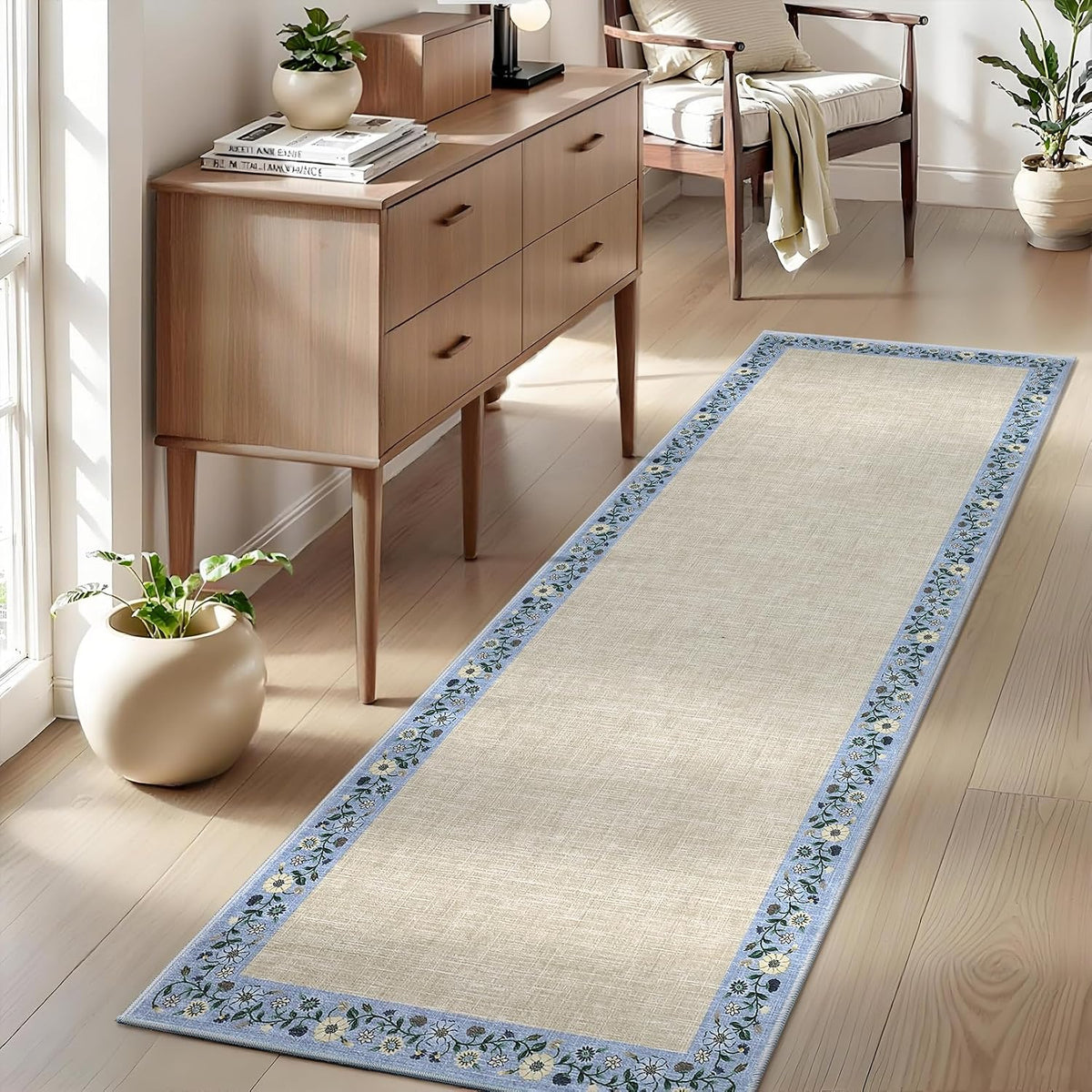 GarveeHome Entryway Rug 2x6 Modern Bordered Runner Rug Washable Kitchen Runners for Hallway Non-Slip Low-Pile Soft Carpet Floral Print Bathroom Mat for Bedroom Laundry Room, Beige