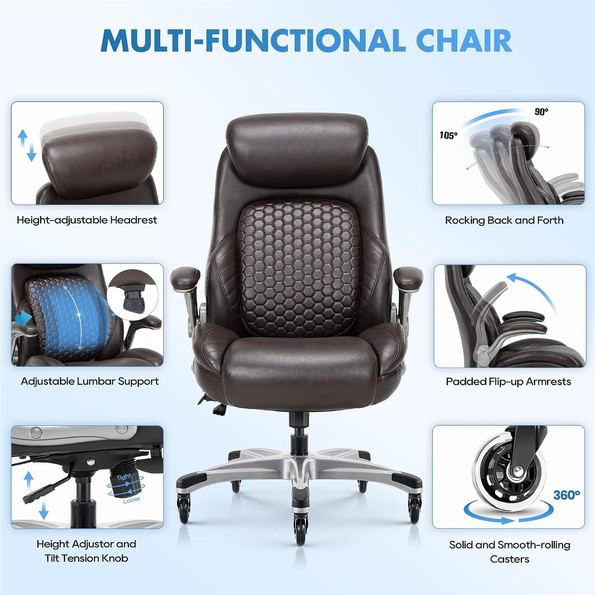 COLAMY Office Ergonomic Desk High Back Executive Chair with Pop-Out Lumbar Support, Upgraded Casters, Adjustable Headrest, Flip-Up Arms, Leather Home with Thick Cushion for Comfort - Brown