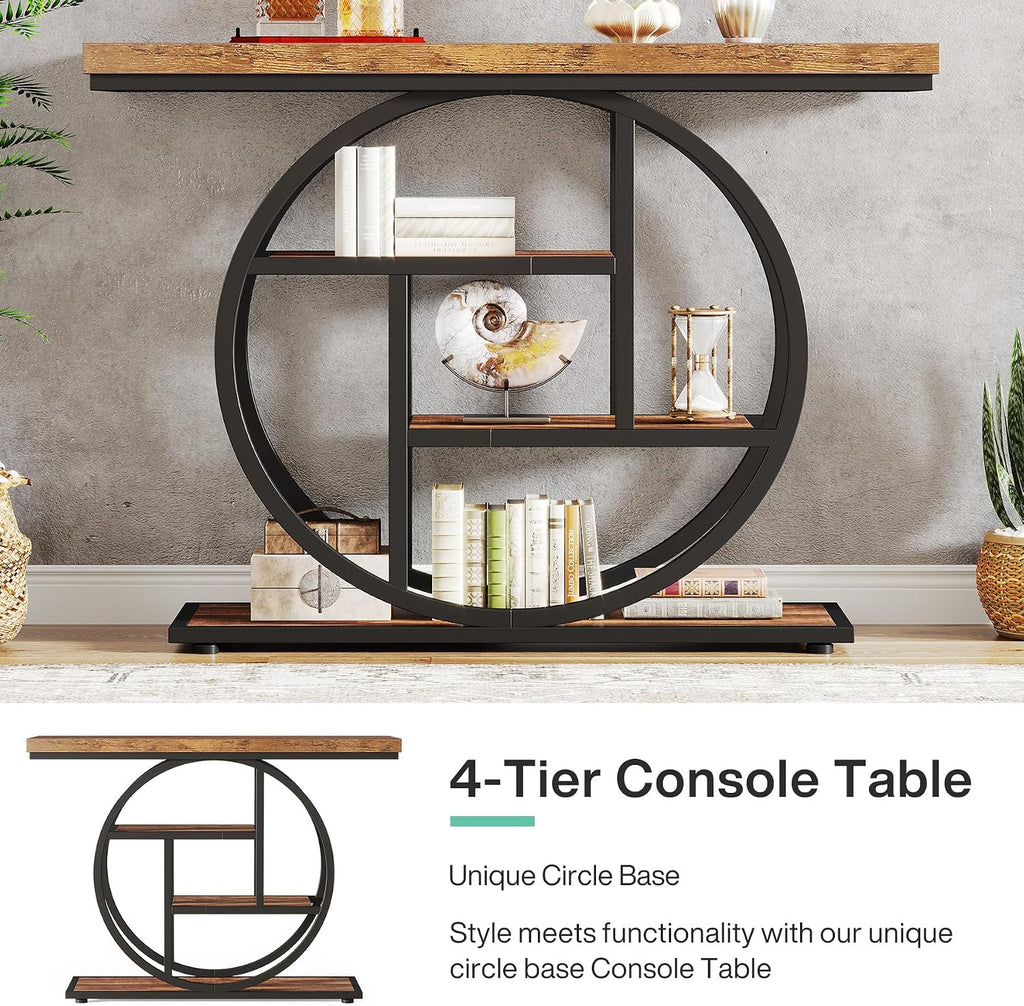 Tribesigns 41.3" Console Table, Industrial 4-Tier Sofa Table Entryway Table with Circle Base, Narrow Wood Accent Tables with Storage Shelves for Living Room, Hallway, Foyer, Rustic Brown