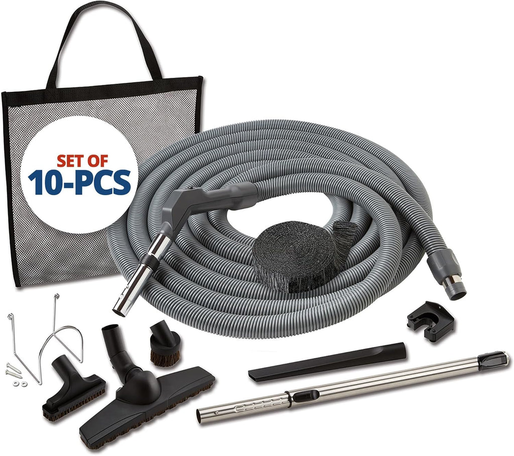 Central Vac System Carpet and Bare Floor Air Turbine Pet Care Attachment Set for Cleaning Home, Includes 30FT Crushproof Hose, Air turbine and Soft-Bristle Brush, Crevice Tool, Wand & Mesh Storage Bag