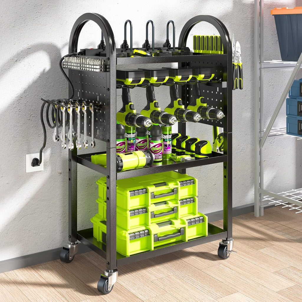 KAFAHOM Power Tool Organizer - 4 Tier Rolling Tool Cart with 8-12 Drill Holder,Tool Storage Cart on Wheels - Heavy Duty Metal Utility Tool Shelf for Garage, Workshop, Warehouse & Repair Shop