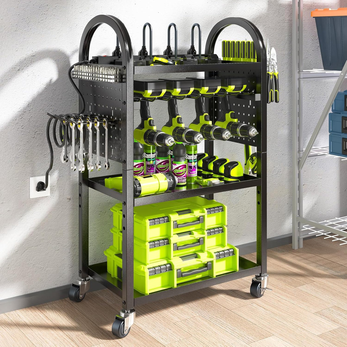 KAFAHOM Power Tool Organizer - 4 Tier Rolling Tool Cart with 8-12 Drill Holder,Tool Storage Cart on Wheels - Heavy Duty Metal Utility Tool Shelf for Garage, Workshop, Warehouse & Repair Shop