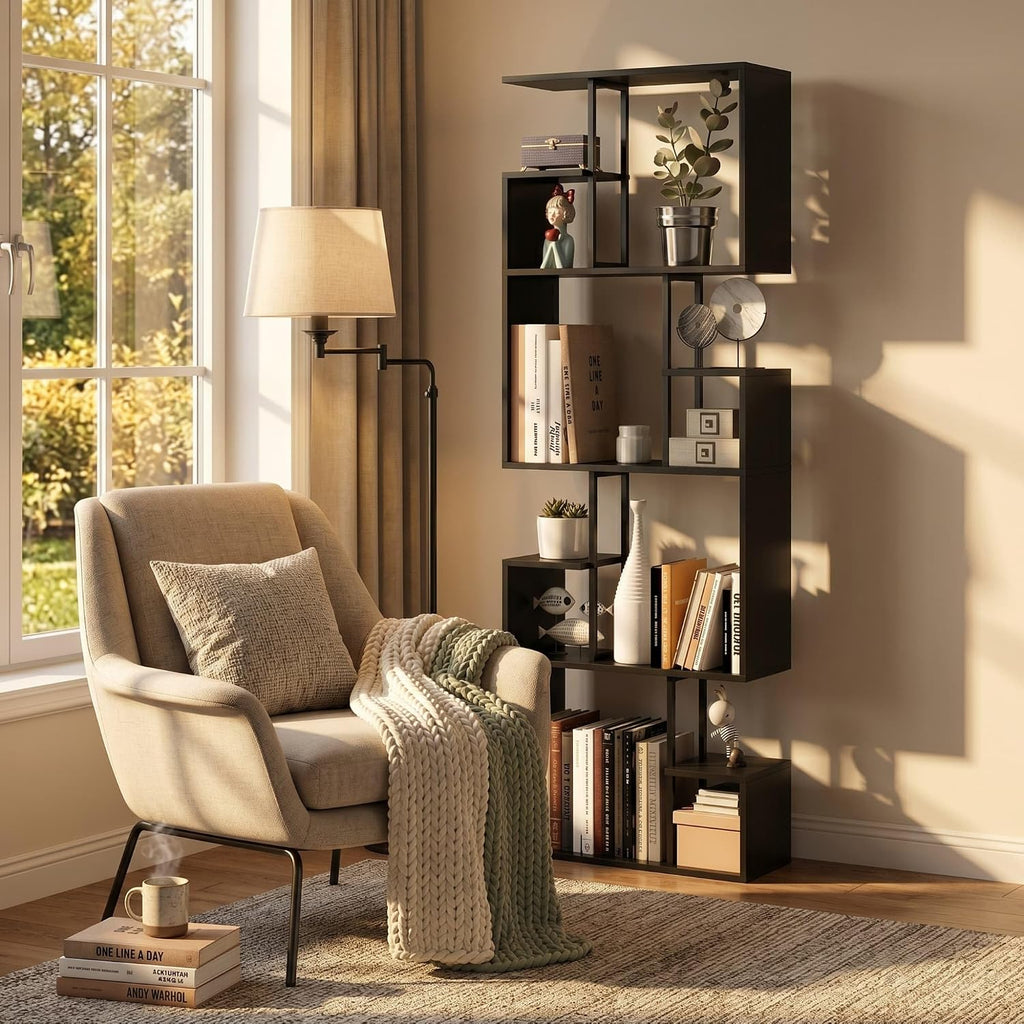 Manora Modern Geometric Bookshelf, 4-Tier Tall Bookcase with Open Display Shelves, Dark Brown Freestanding Storage Organizer for Living Room, Home Office, Bedroom, Rustic Industrial Narrow Shelf Unit