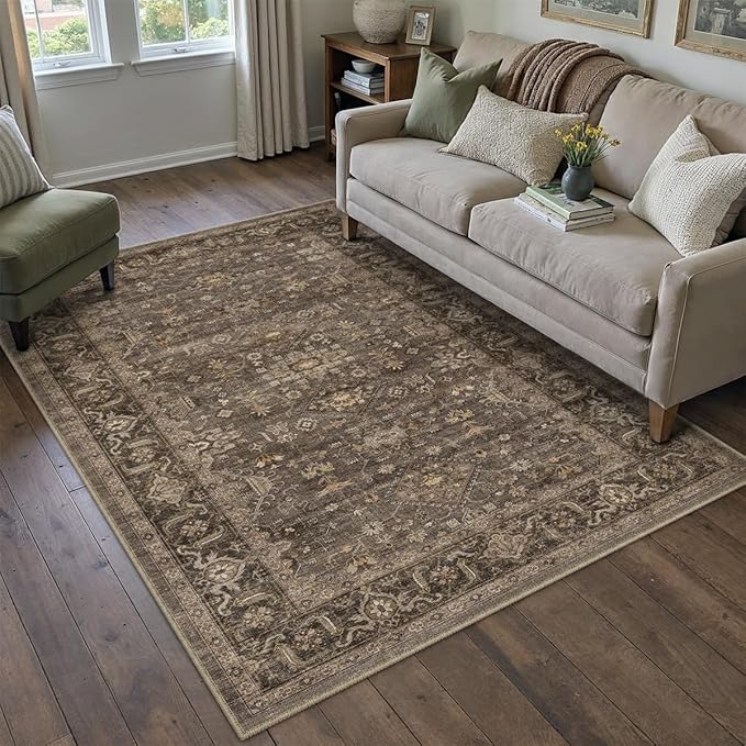 4x5 Washable Area Rug for Living Room Bedroom Vintage Brown Soft Low Pile by WondRg