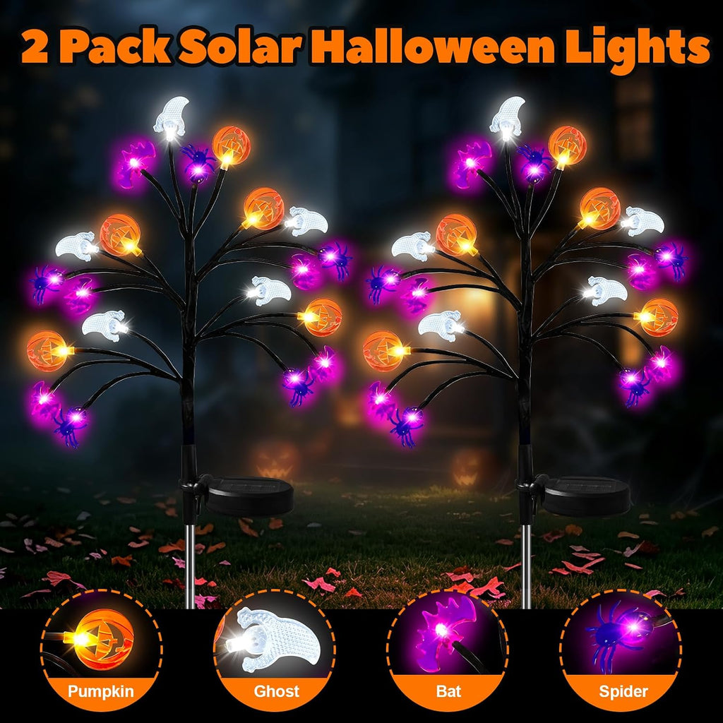 Solar Halloween Lights, 2 Pack IP65 20 LED 8 Modes Auto On/Off, 3D Ghosts Bats Spiders Pumpkins, Cool White Glow, Auto On/Off Sensor, IP65 Rated — Garden, Yard, Patio, Porch, Party Decor