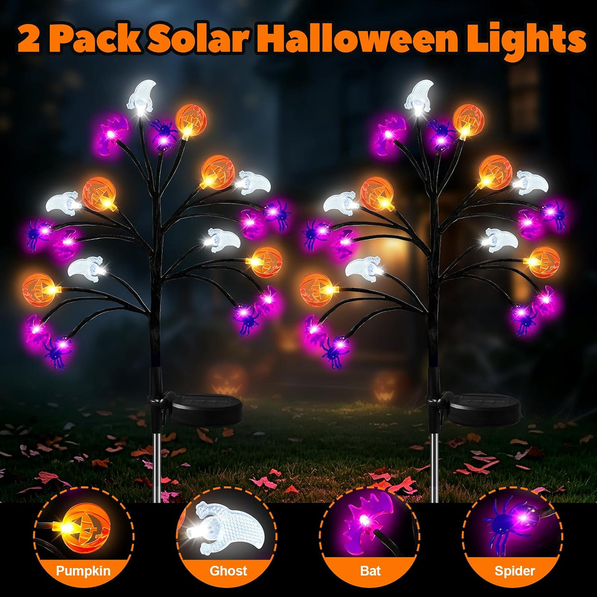 Solar Halloween Lights, 2 Pack IP65 20 LED 8 Modes Auto On/Off, 3D Ghosts Bats Spiders Pumpkins, Cool White Glow, Auto On/Off Sensor, IP65 Rated — Garden, Yard, Patio, Porch, Party Decor