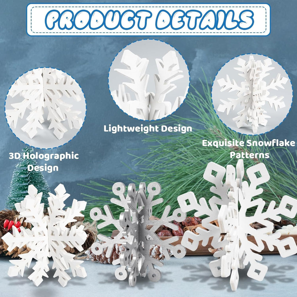 Wooden Snowflake Decorations, 3D Christmas Table Decorations, Set of 6