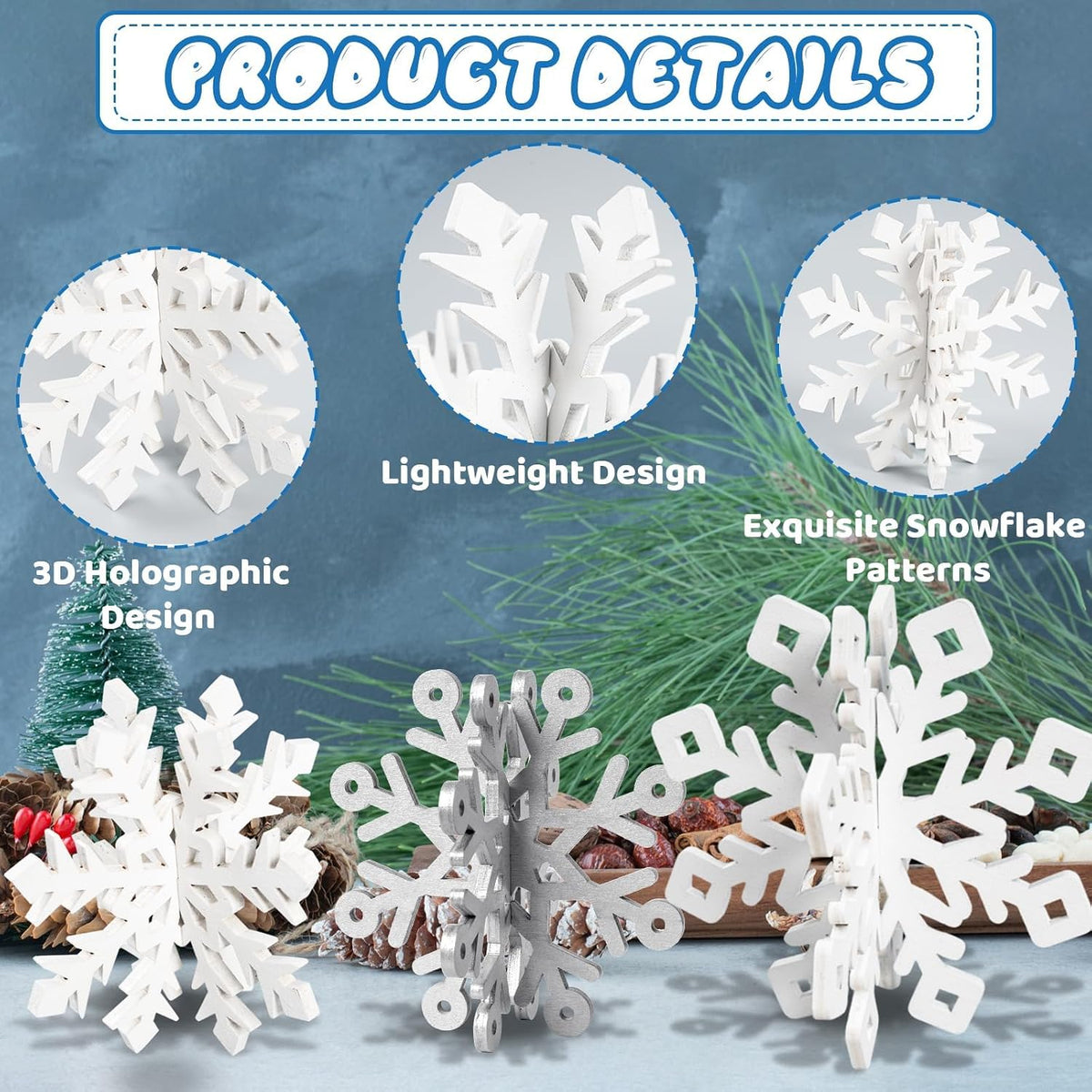 Wooden Snowflake Decorations, 3D Christmas Table Decorations, Set of 6