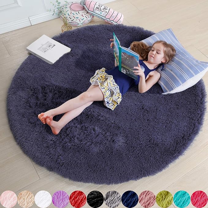 Purple Gray Round Rugs 5Ft for Bedroom Decor Aesthetic, Fluffy Fuzzy Circle by Amdrebio