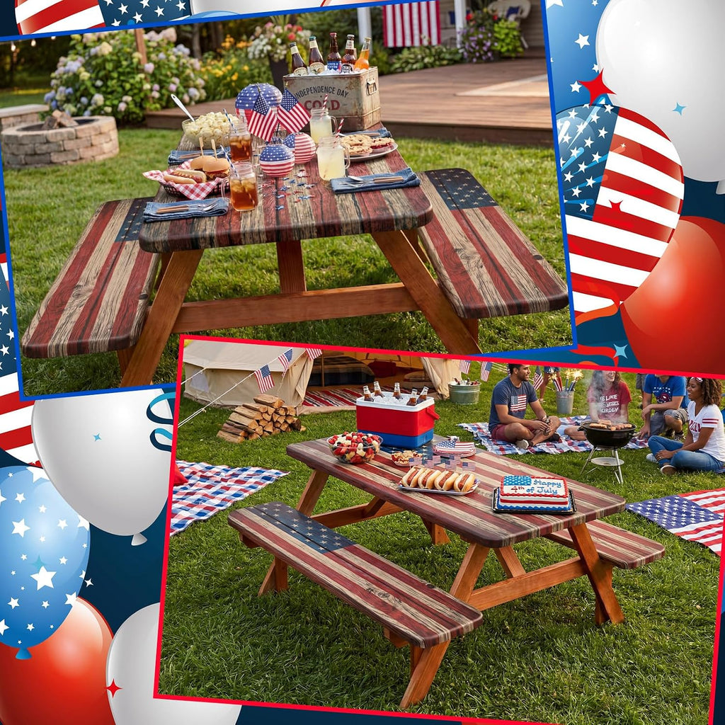 Chumia 3 Pcs American Flag Theme Picnic Table Cover with Bench Covers